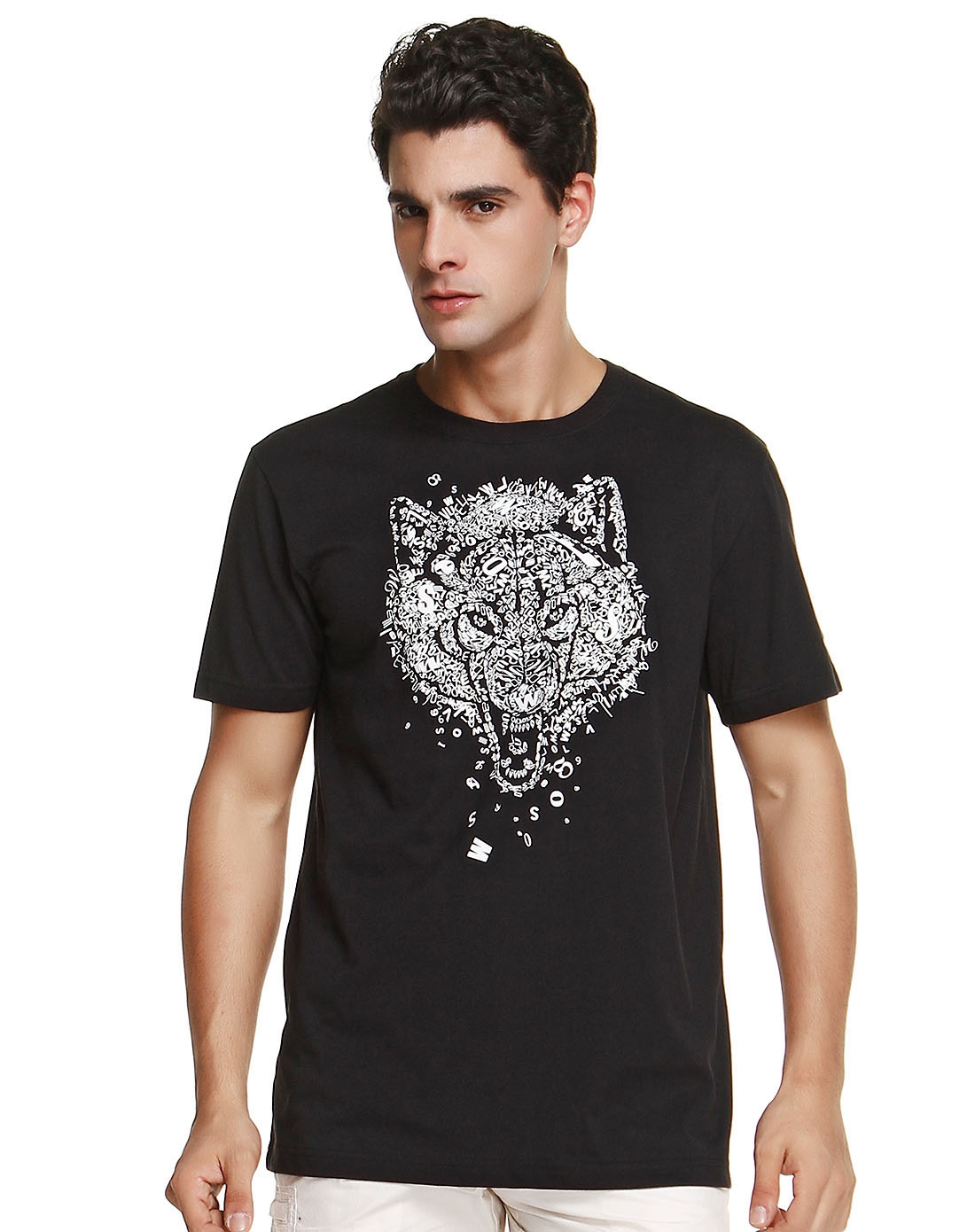 七匹狼旗下swsport男装移动端专场抽象狼头图案黑色短袖t恤151174n