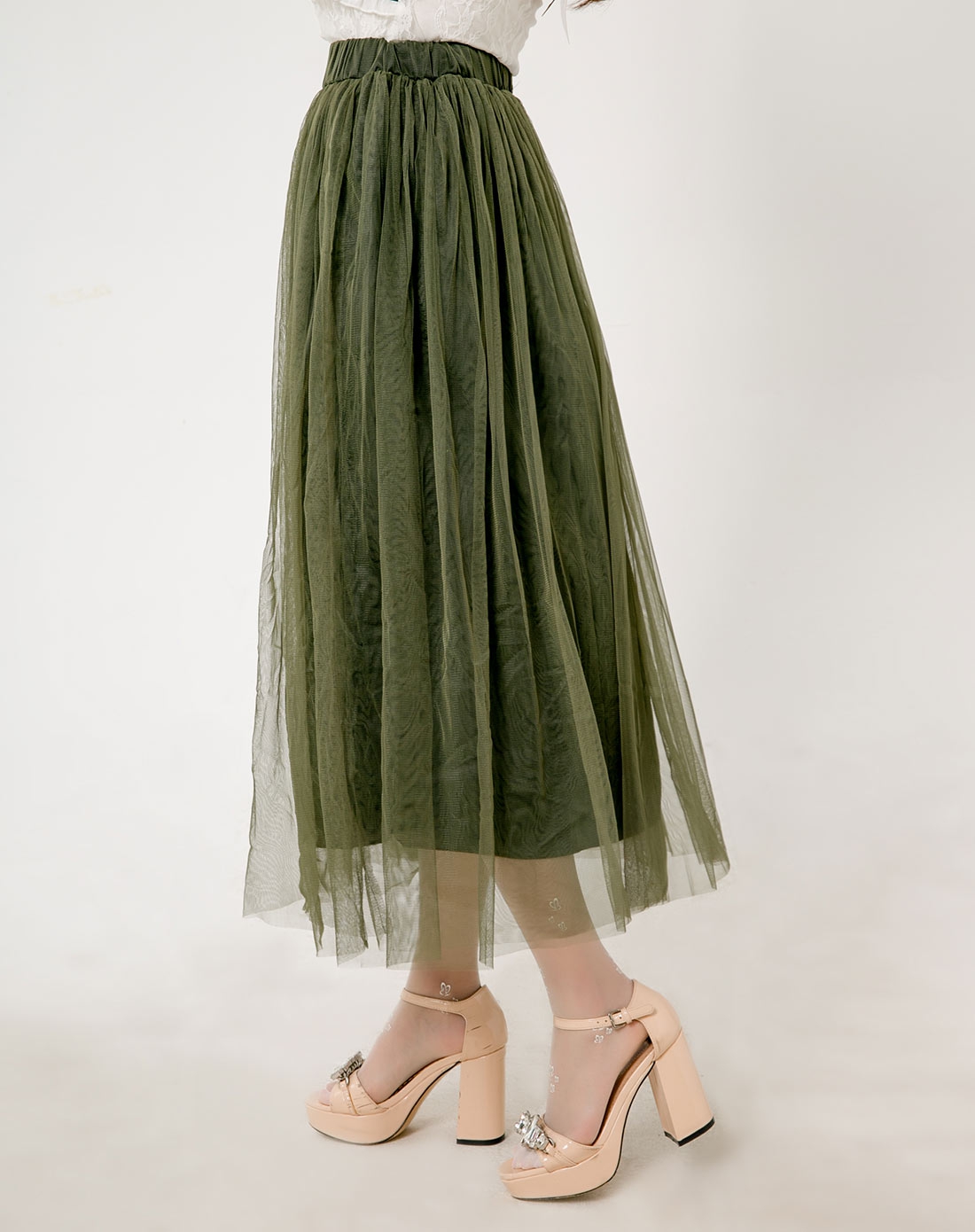 军绿色网纱时尚长裙