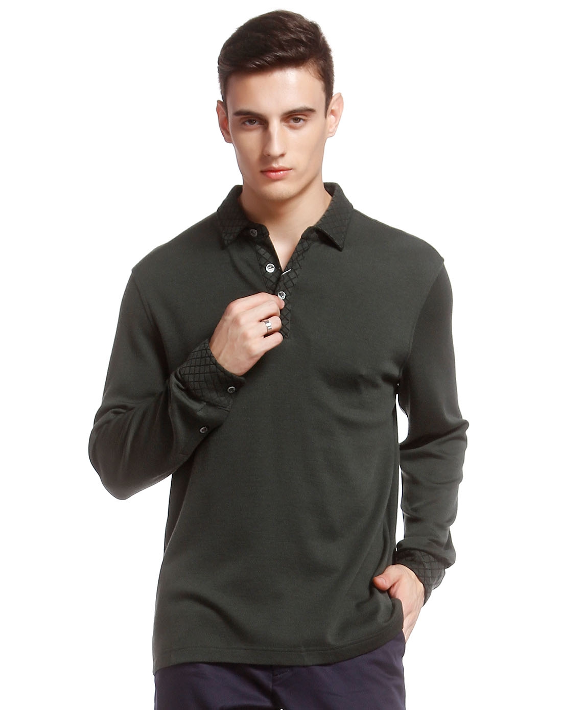 休闲百搭墨绿灰色长袖翻领t恤