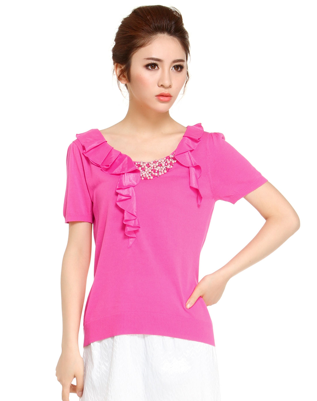 荷叶装饰优雅桃粉色短袖针织衫