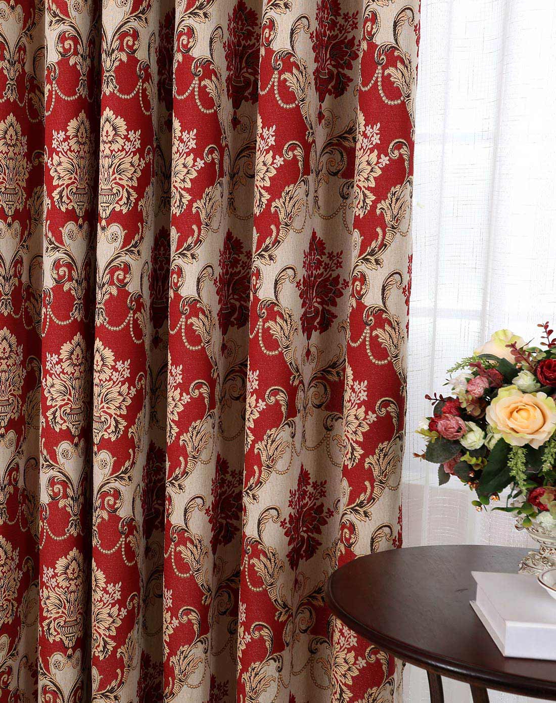 红红火火欧式花窗帘红双片挂钩150*260cm