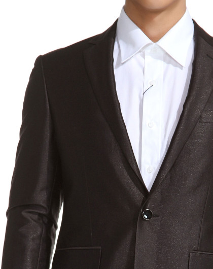黑色亮面小翻领商务长袖西装套装