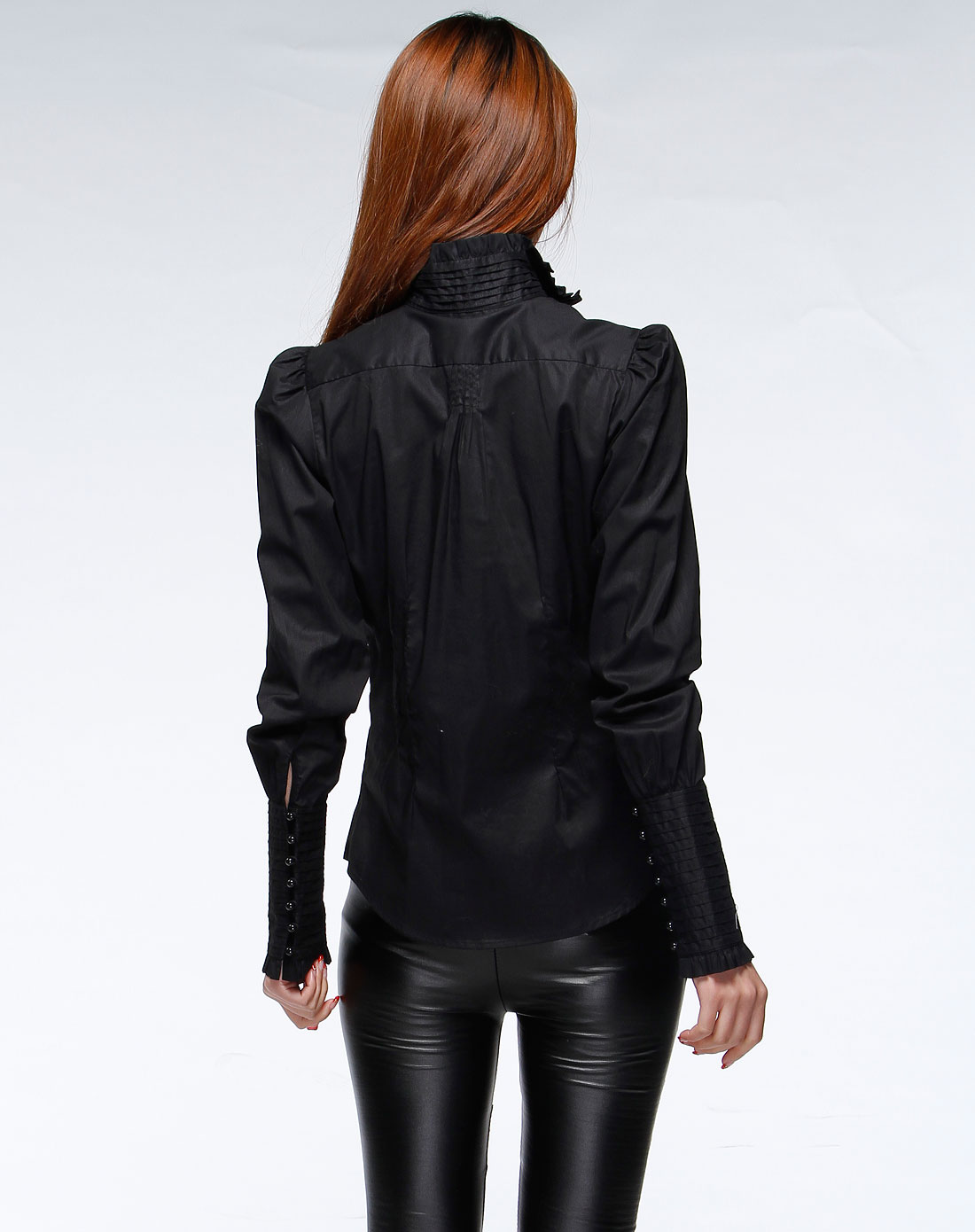 女款黑色简洁纯棉马蹄袖衬衫