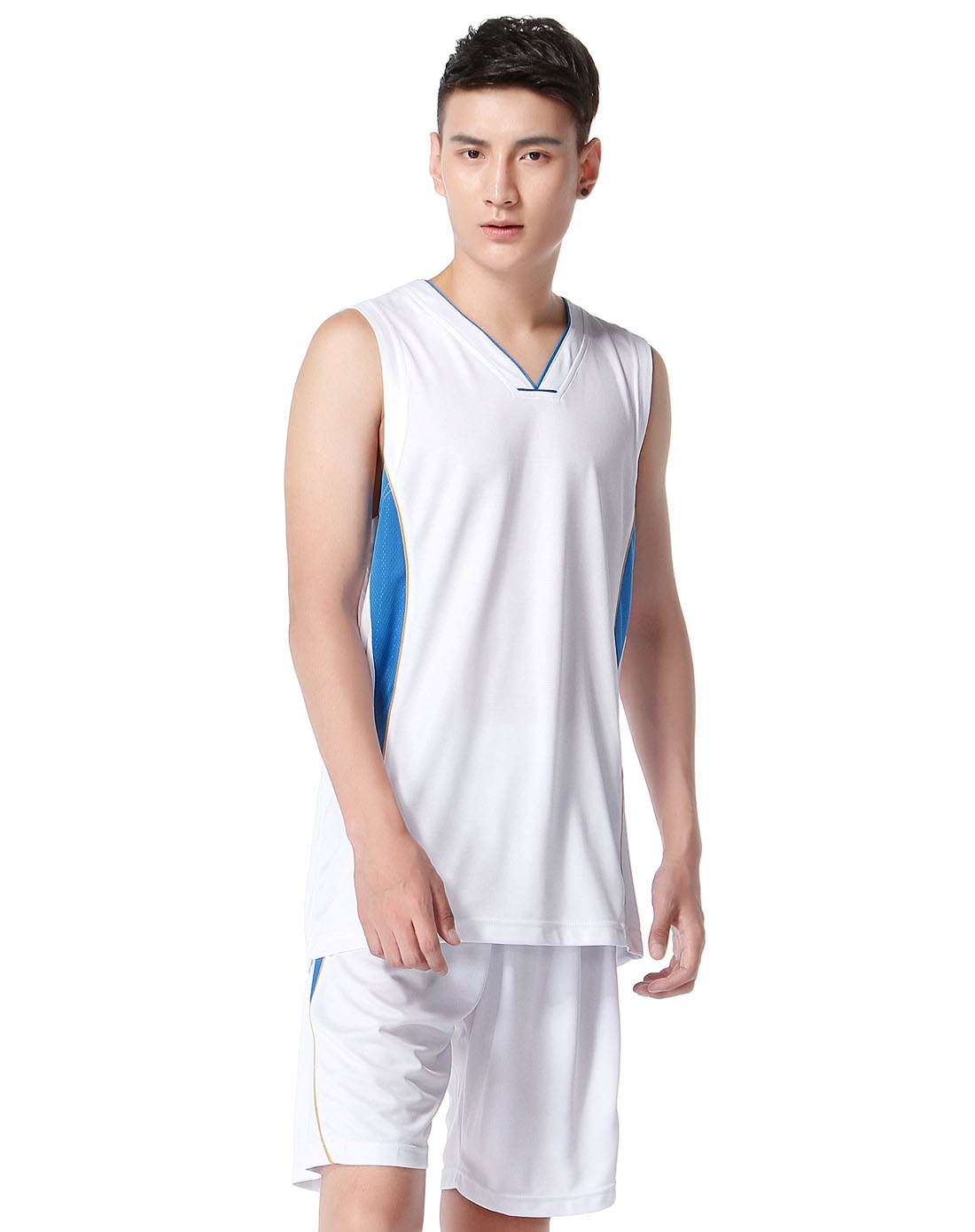 男款白色背心比赛篮球套服 v领透气