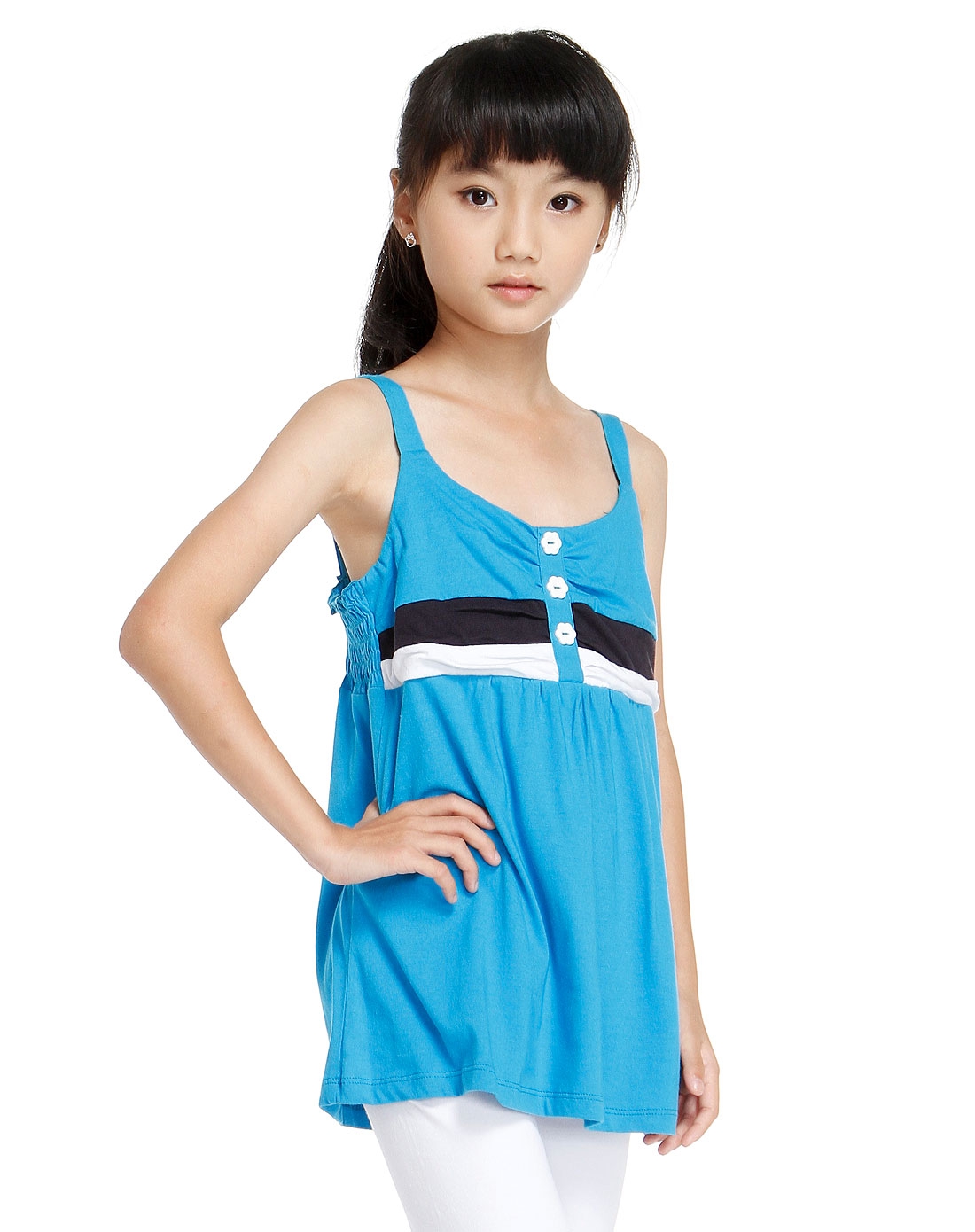 女童青春气息宝蓝色吊带连衣裙