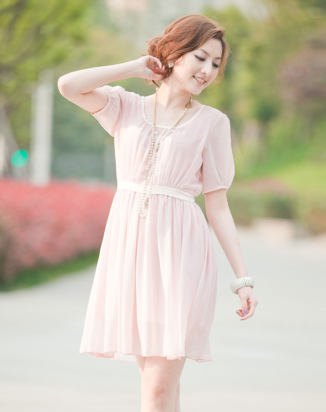 淑女风范短袖雪纺连身裙