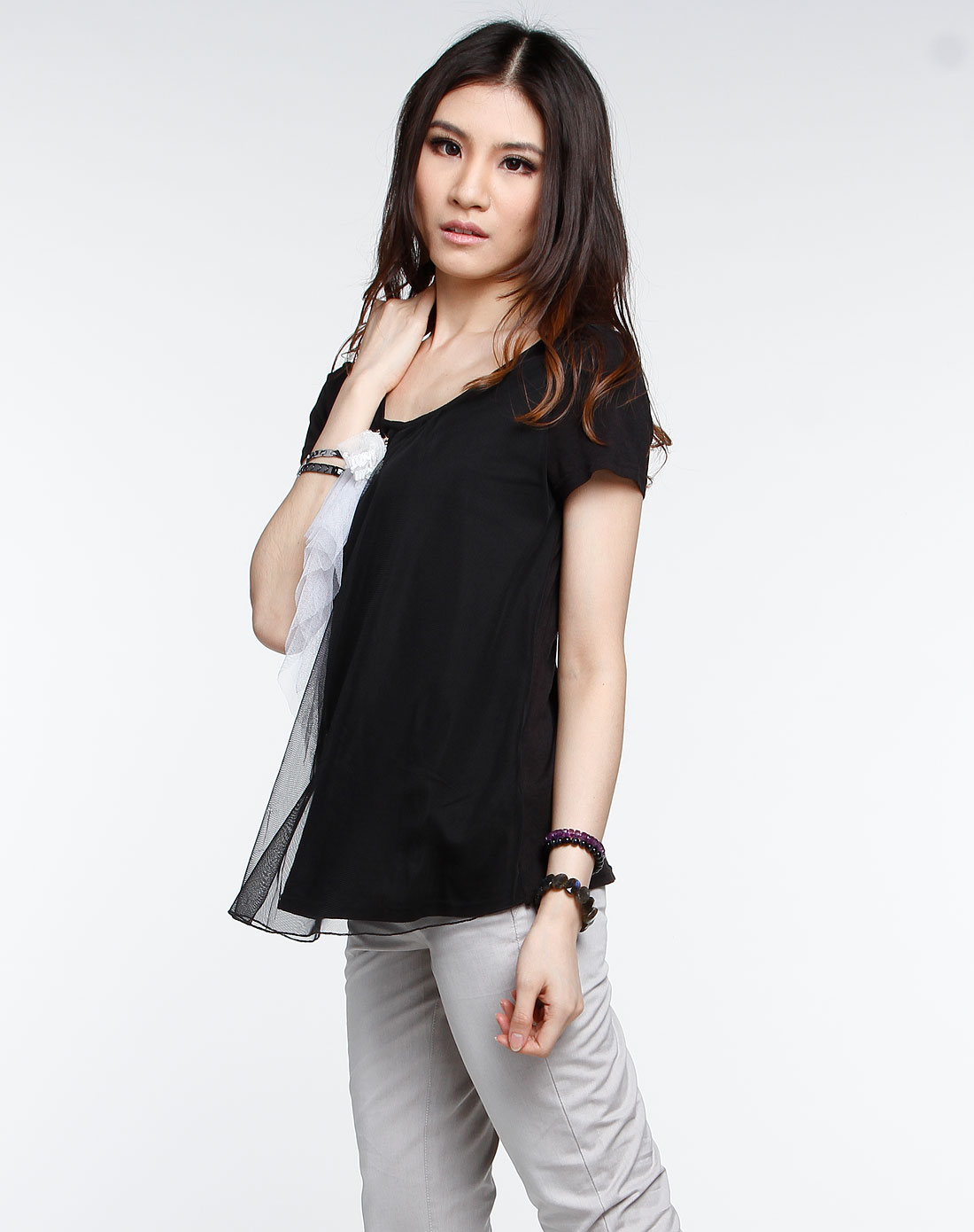 w-tu女装 黑/白色网纱时尚短袖t恤