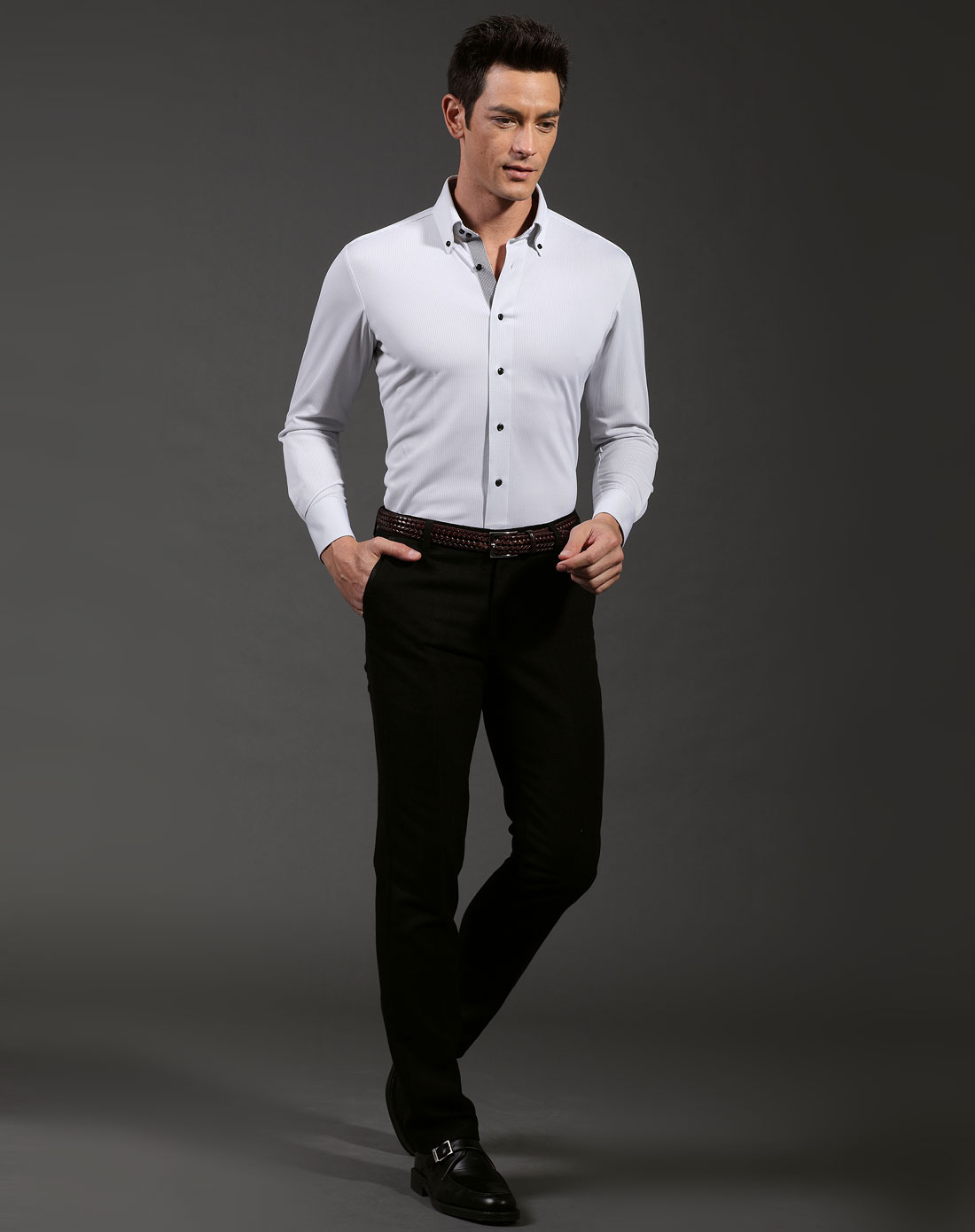 男款灰色时尚修身长袖衬衫