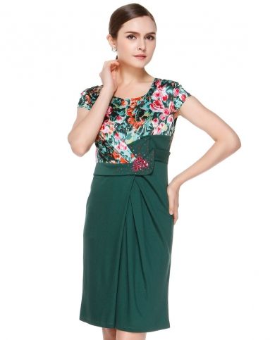 莹蔻inq优雅大方仿钻绿底红色印花短袖连衣裙absl370203-415_唯品会