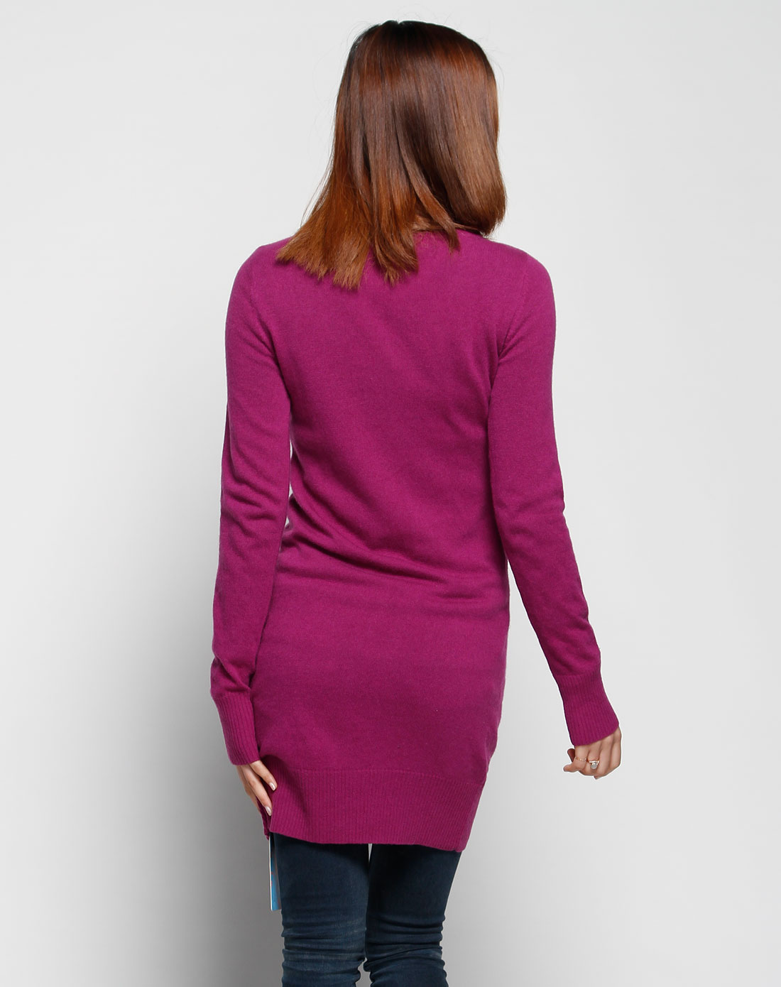 紫红色简约修身长袖长毛衣