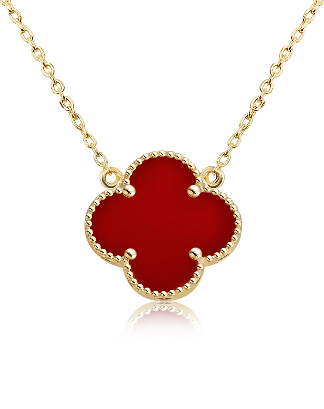 14k纯黄金镶红玛瑙经典四叶草气质项链
