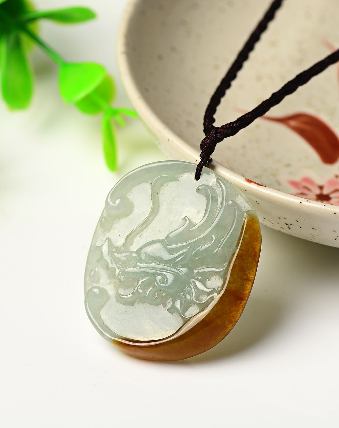 天然a货翡翠高冰飘黄龙头吊坠