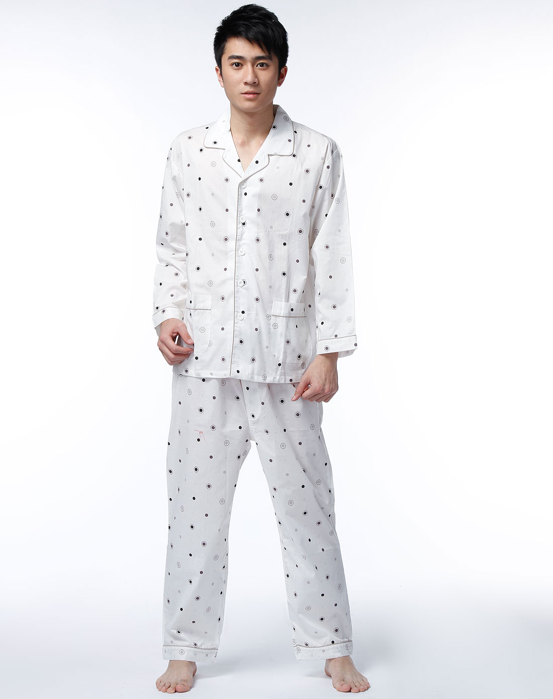 伊丝芬isyfen 男款米白色圆点长袖睡衣套装