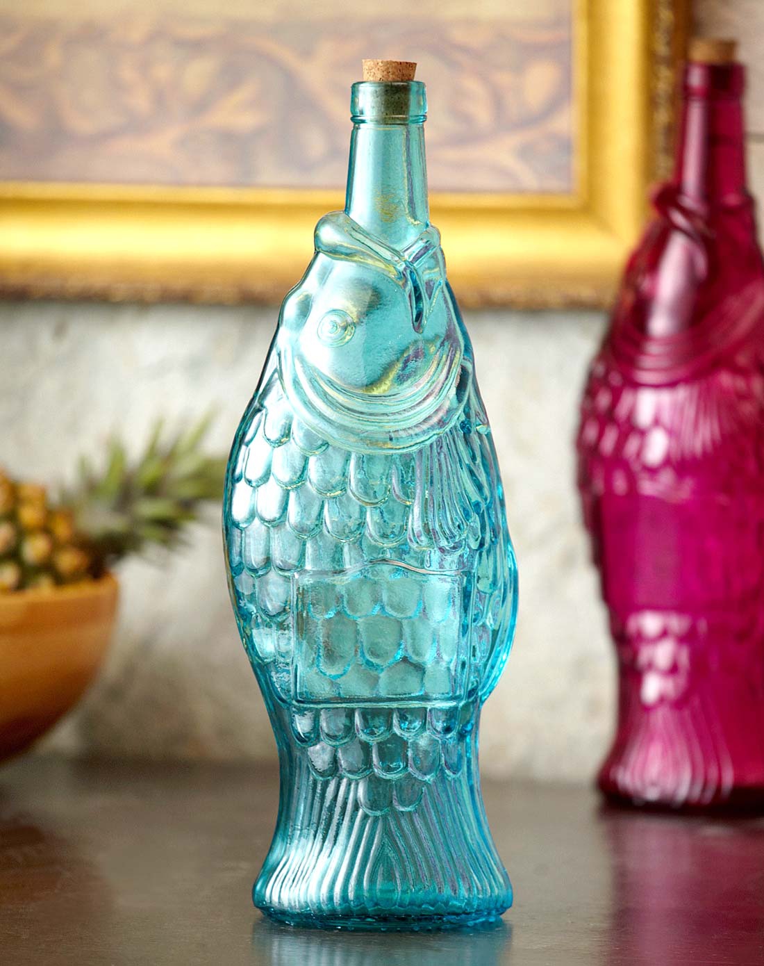 > 【西班牙进口】1000ml环保玻璃立体雕刻鱼型木塞油瓶-天蓝