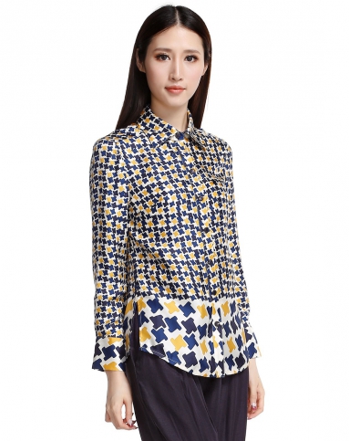采轩caixuan女装专场-深蓝/黄色几何花纹长袖衬衫