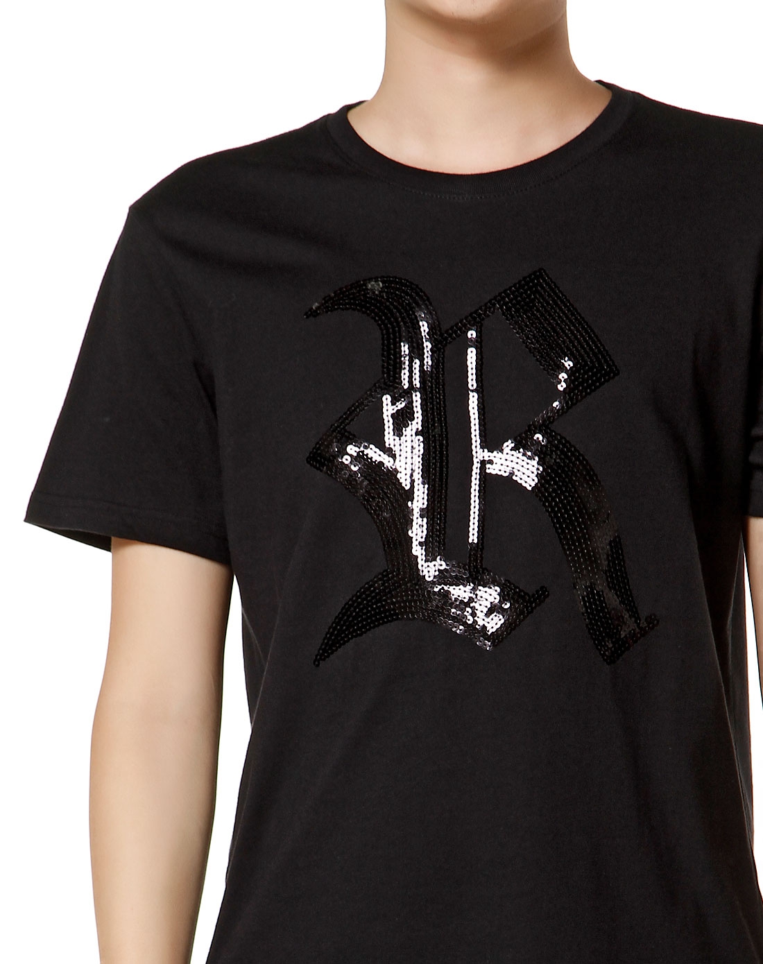 珠片绣图黑色短袖t恤