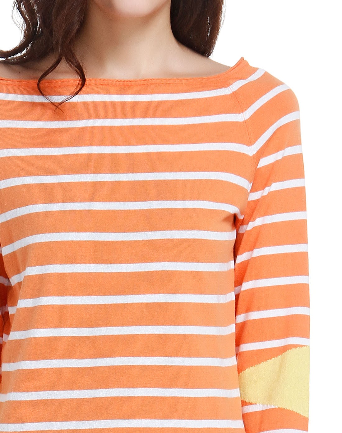 女款舒适条纹橙白色长袖上衣