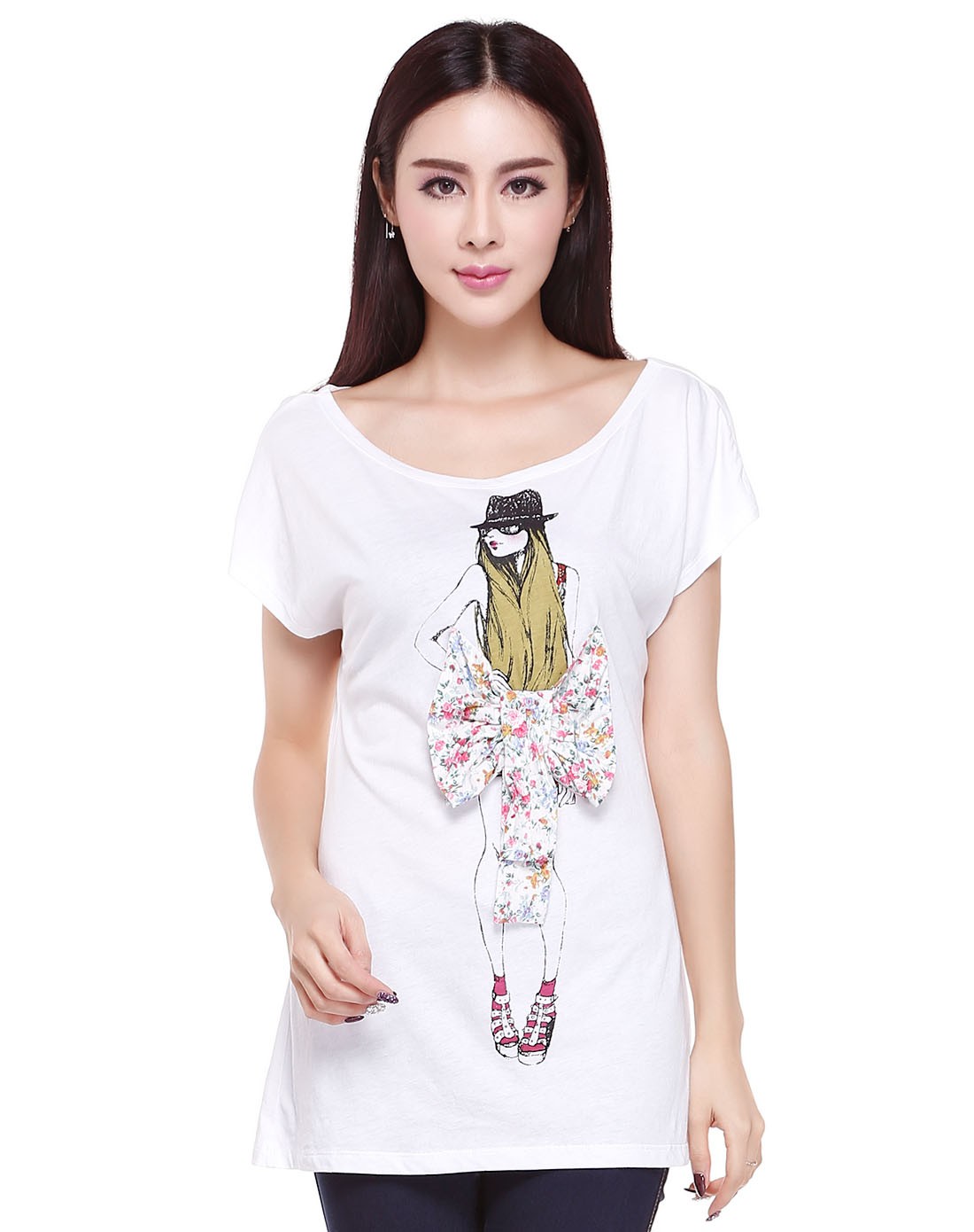 美女印图白色短袖t恤