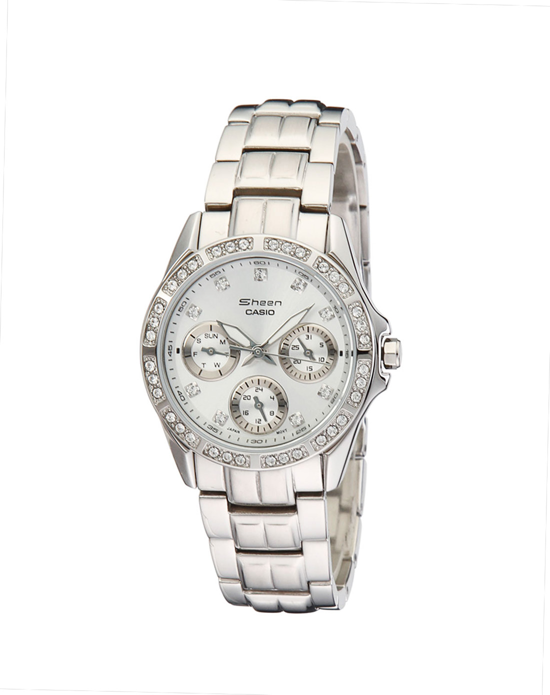 卡西欧女款白色镶钻三眼高雅钢带手表shn-3013d-7adf_唯品会