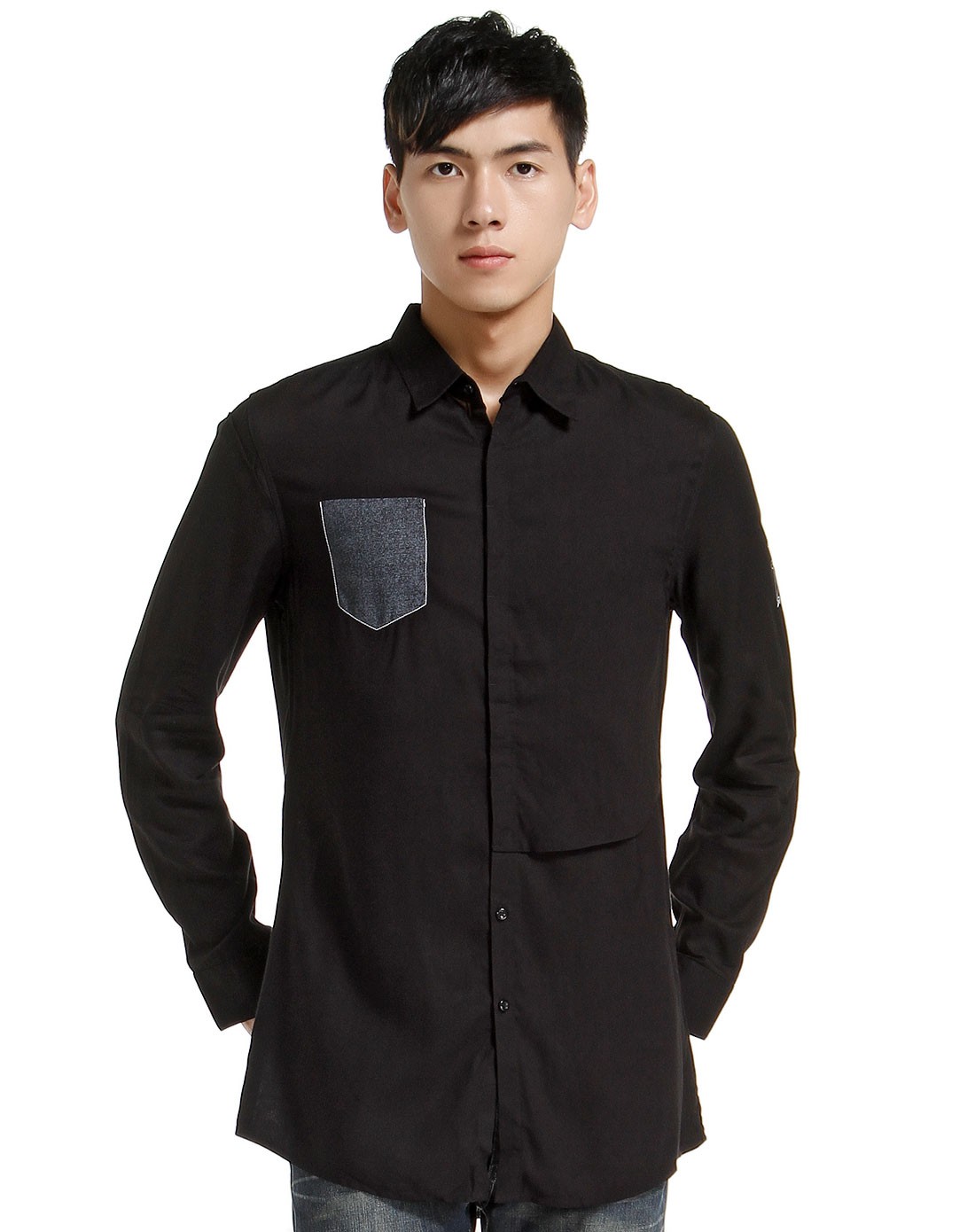 翻领经典款蓝黑色长袖衬衫