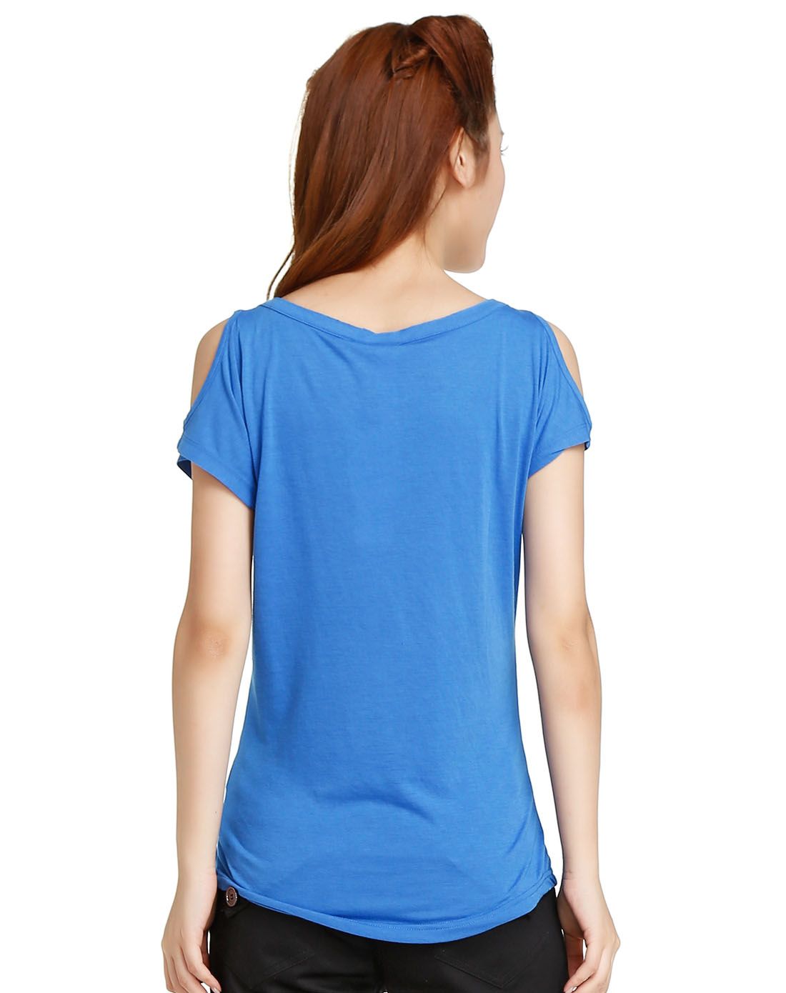 休闲舒适湖蓝色露肩短袖t恤