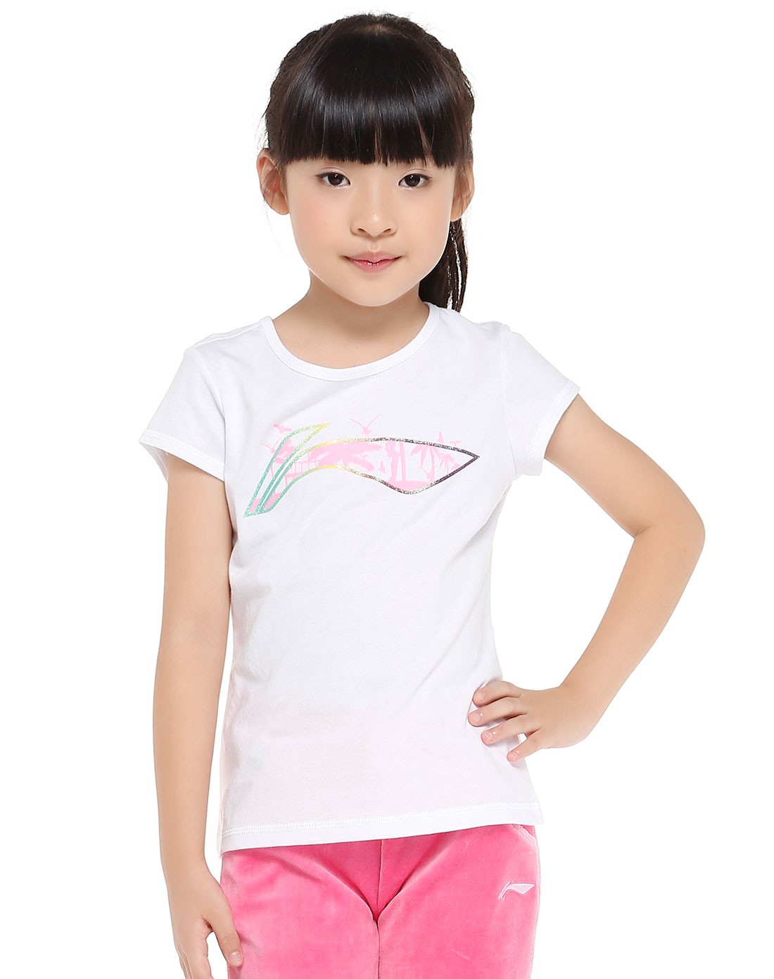 女童休闲印花漂白色短袖t恤