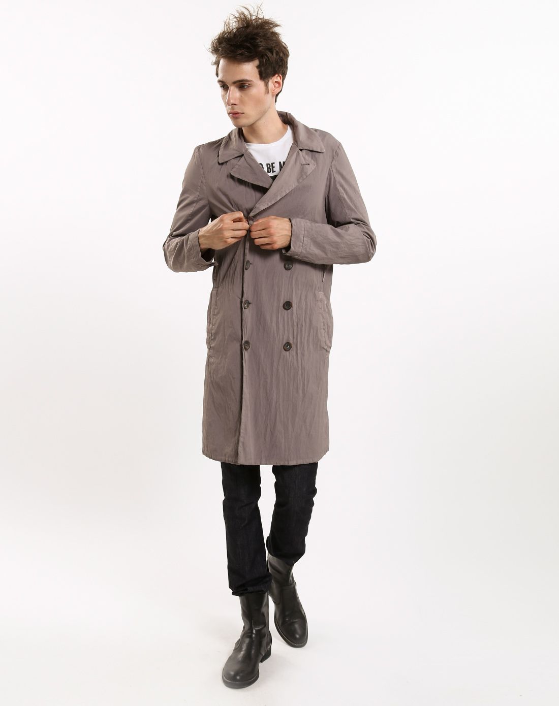dbg男款紫灰色时尚双排扣长袖风衣