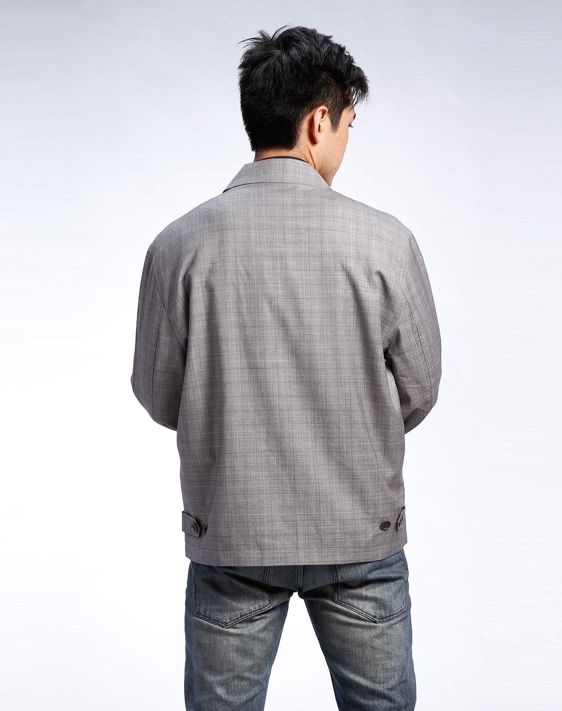 灰色暗格纹翻领长袖夹克