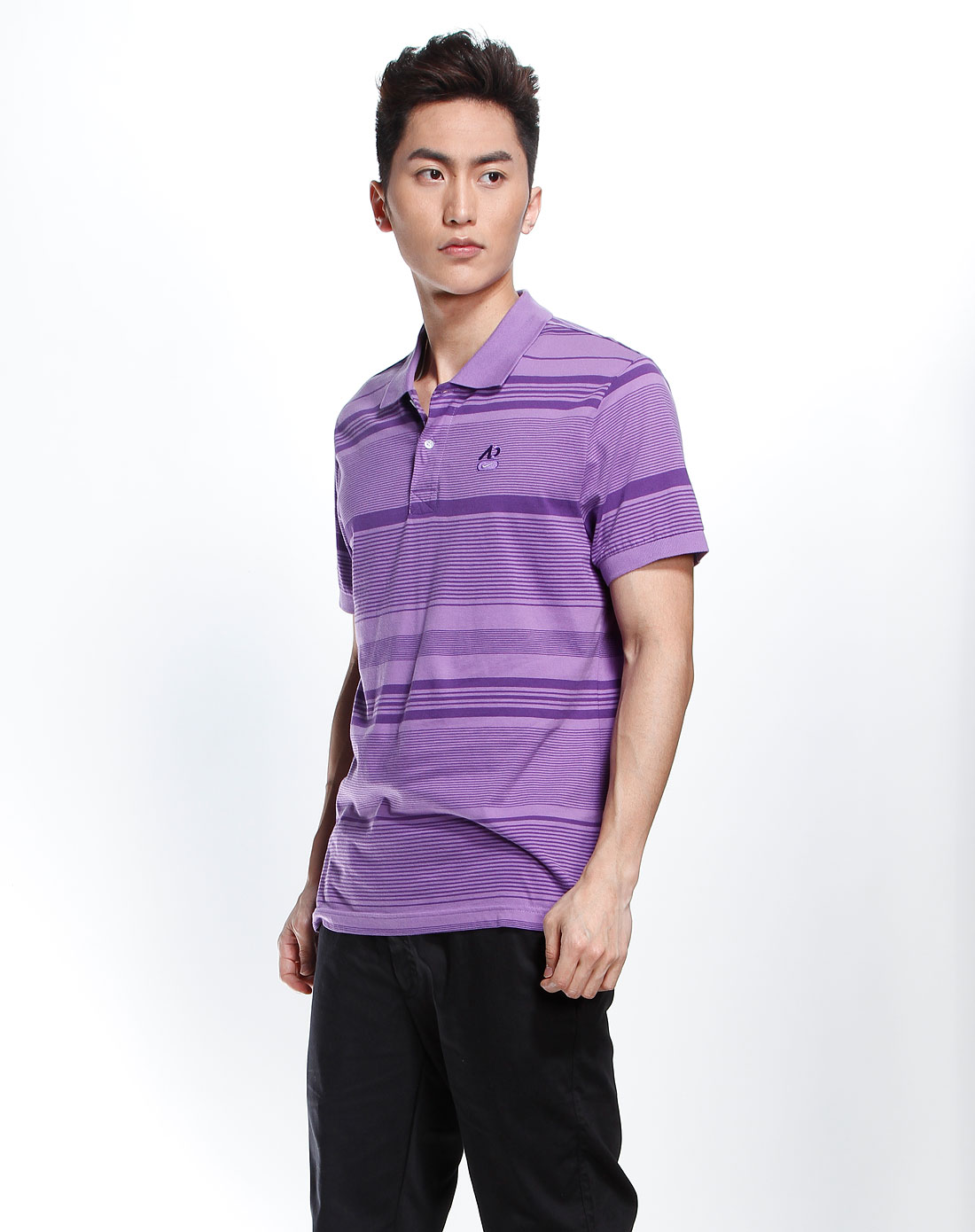 紫色条纹翻领短袖polo衫