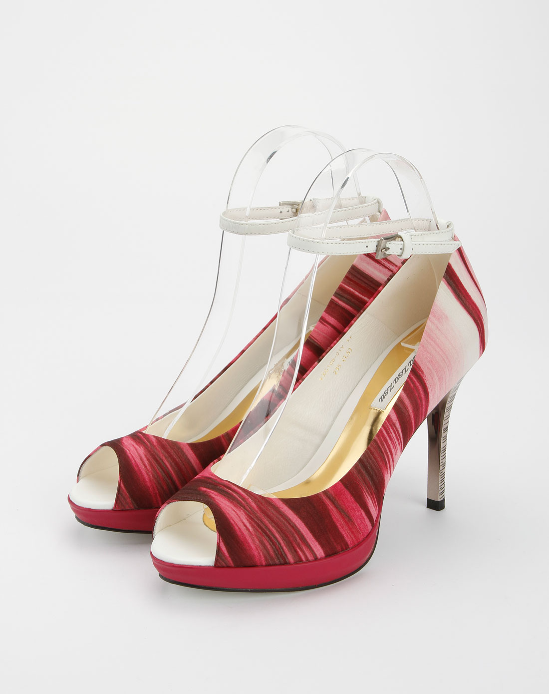 接吻猫kisscat旗下品牌女鞋专场 女款浅桃红色布纹鱼嘴高跟鞋