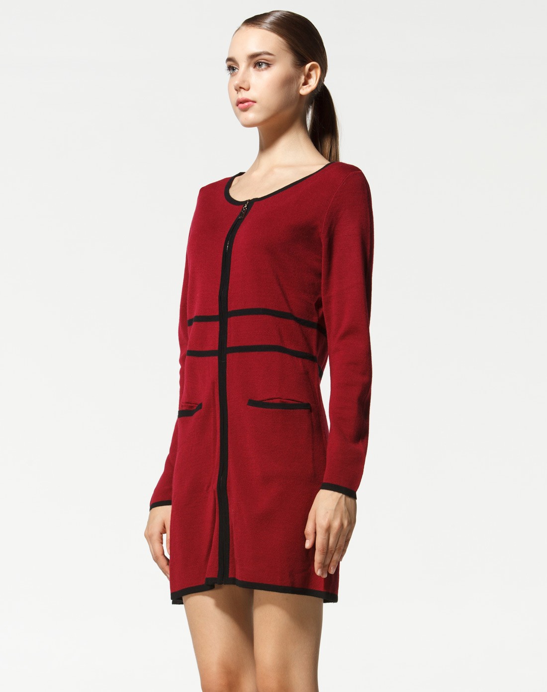 (特惠)羊毛深枣红色优雅中长款夹色开衫