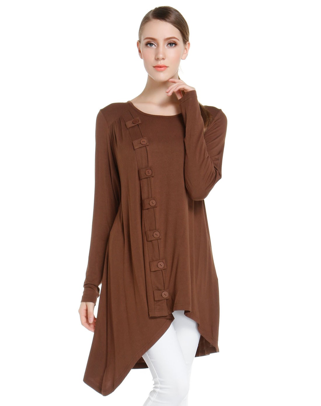 圆领个性设计啡色长袖上衣