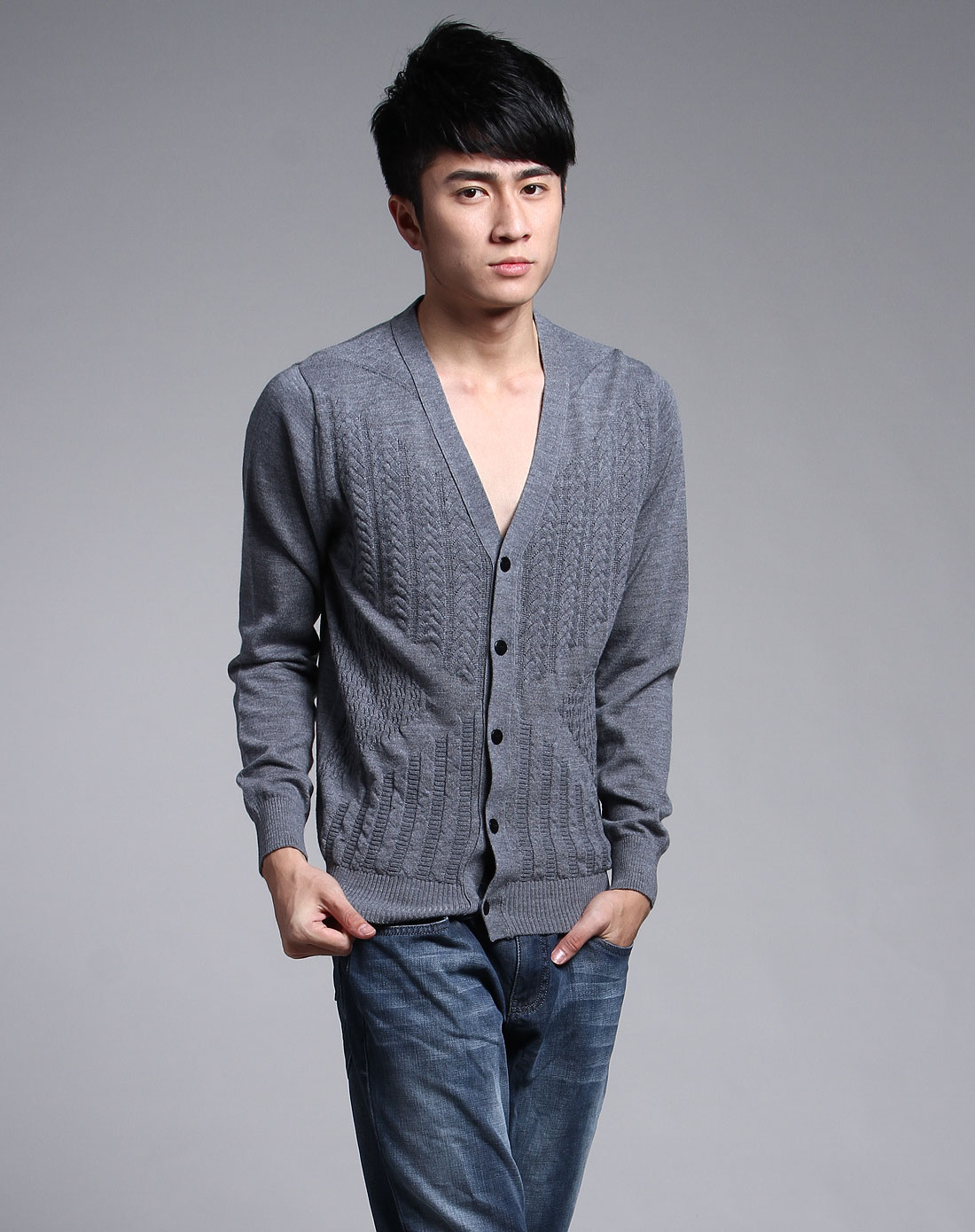 男款灰色全羊毛时尚开衫