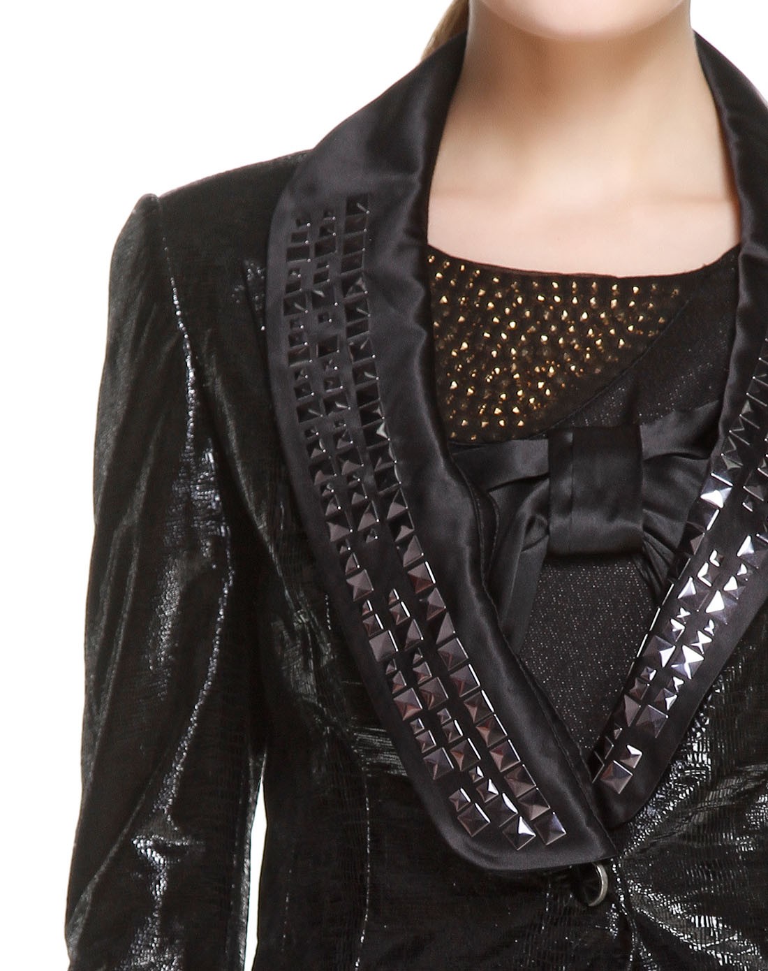 女亮皮纯色翻领长袖皮衣