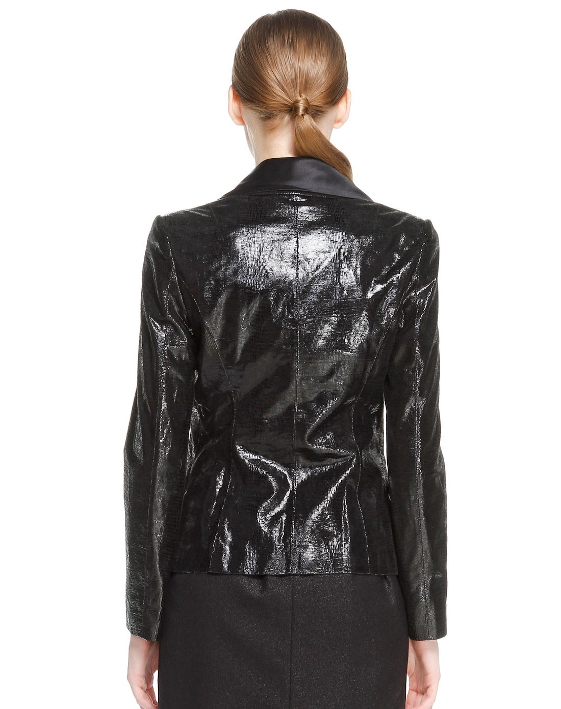 女亮皮纯色翻领长袖皮衣