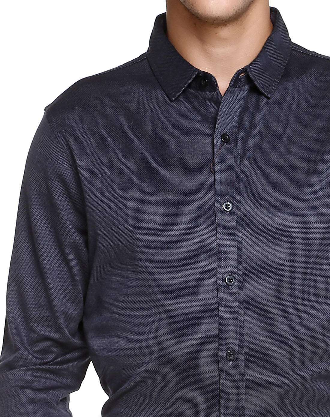 藏蓝色精致印纹长袖衬衫