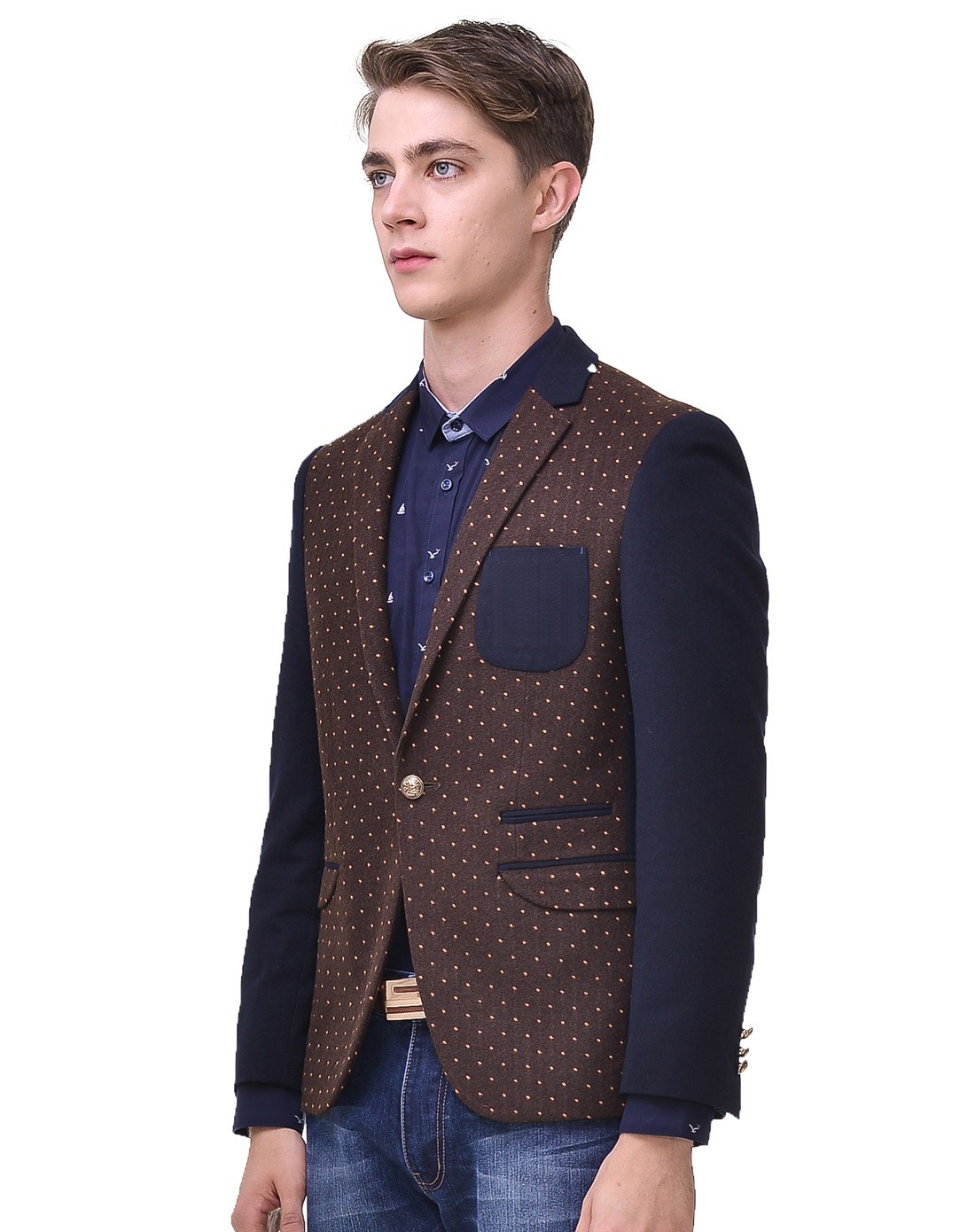 保罗威特polo villae咖啡/藏青色时尚拼接长袖西服pfciyaiff80689