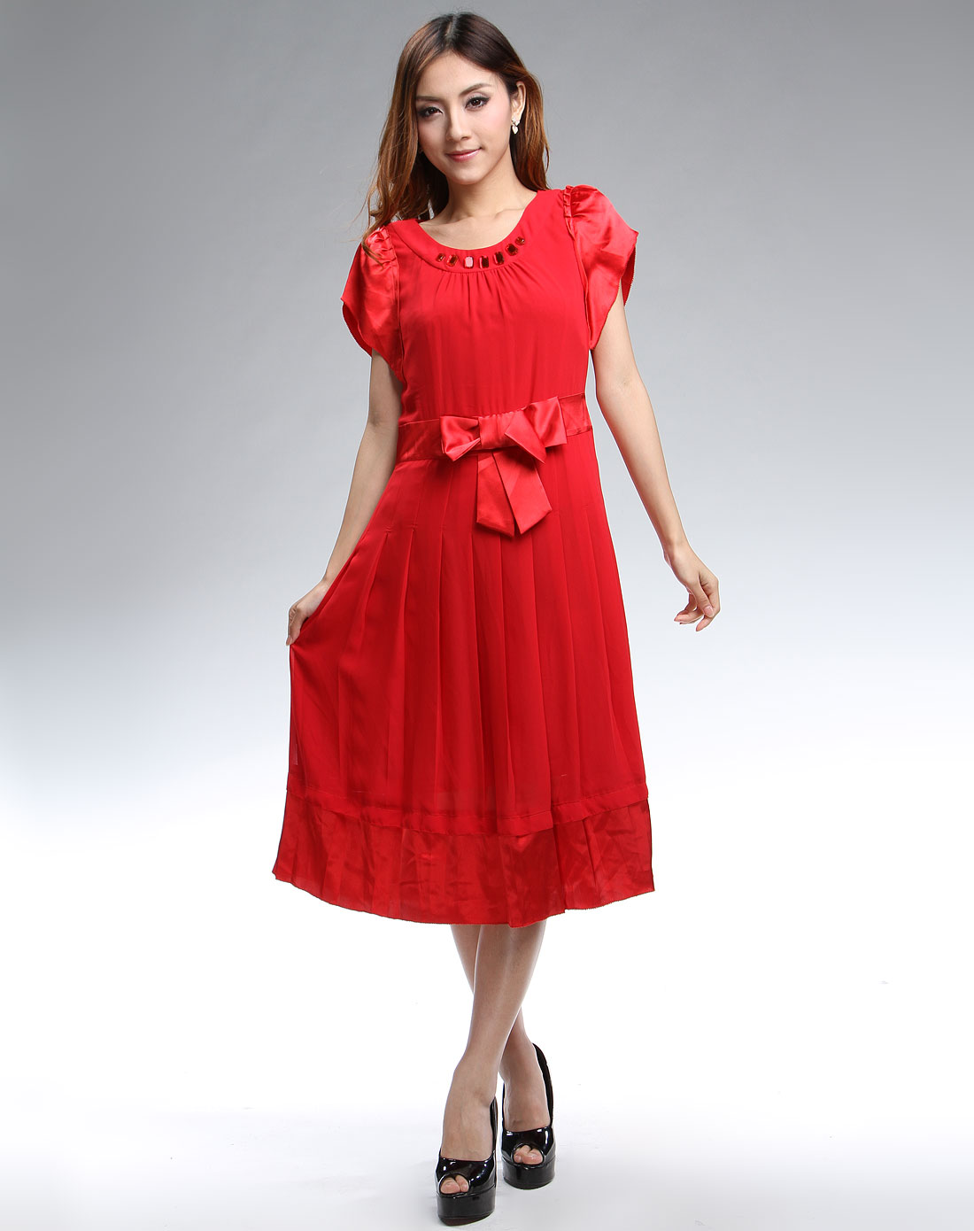女款红色时尚高档短袖连衣裙
