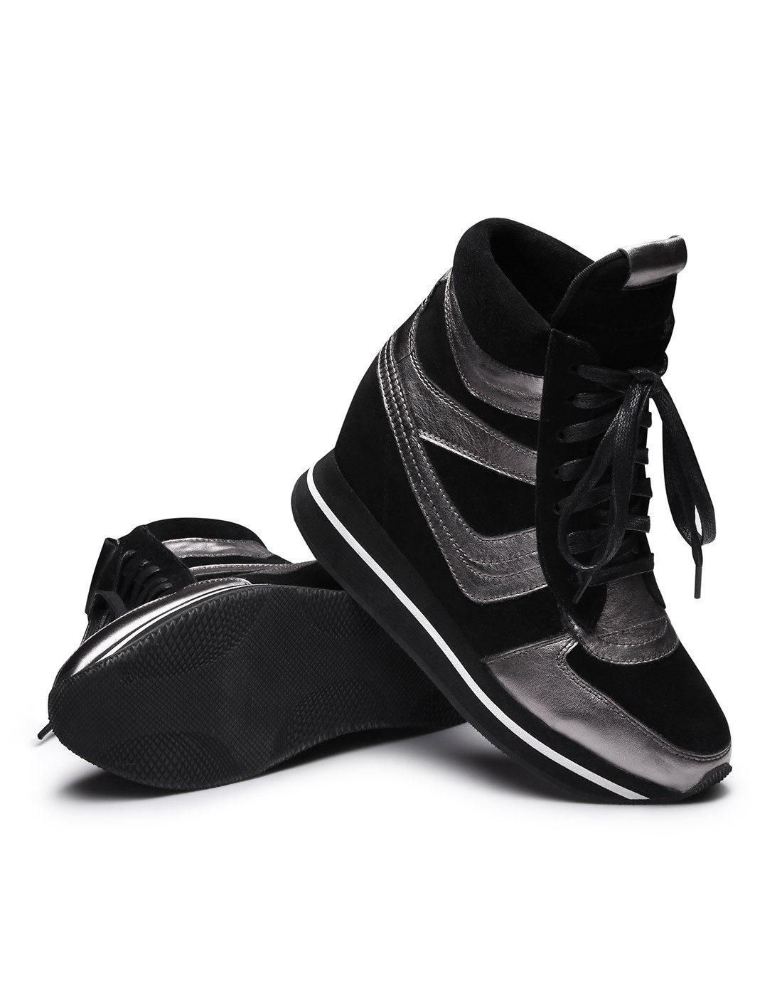 枪色/黑色内增高运动风女鞋系带款时尚高帮鞋