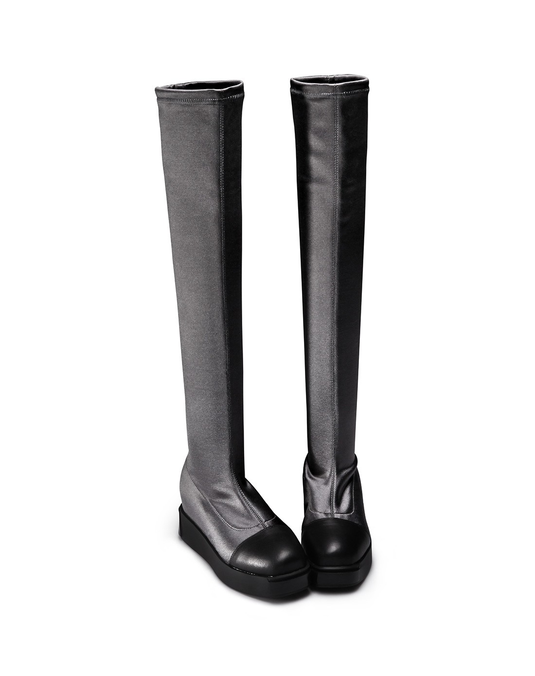 胎牛皮黑色/灰色弹力布高筒靴