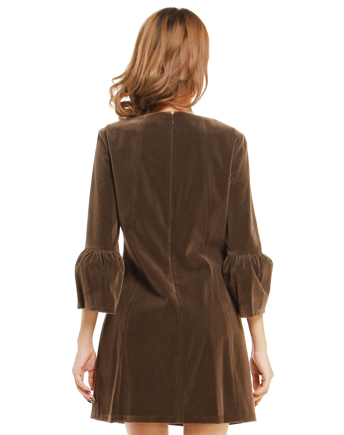 灰褐色简约淡雅七分袖连衣裙