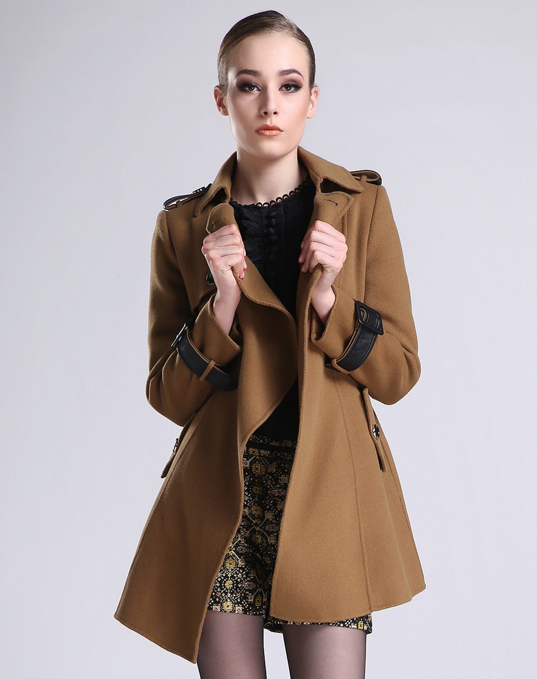 女款咸菜绿时尚双面呢长袖大衣