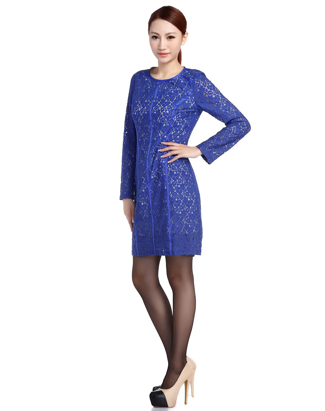 蓝色蕾丝镂空长袖连衣裙
