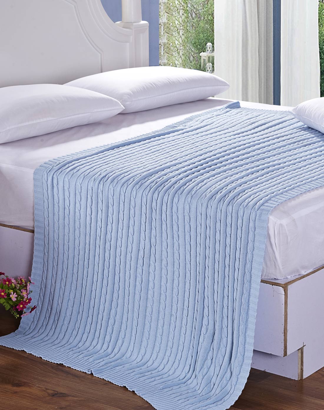 110*180cm纯棉麻花针织毛线盖毯-蓝色