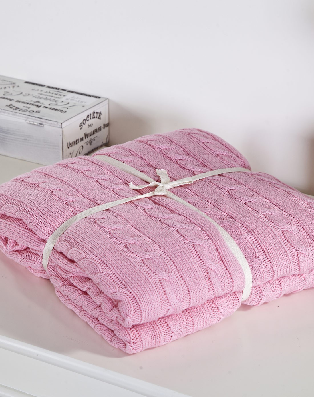 110*180cm纯棉麻花针织毛线盖毯—粉色