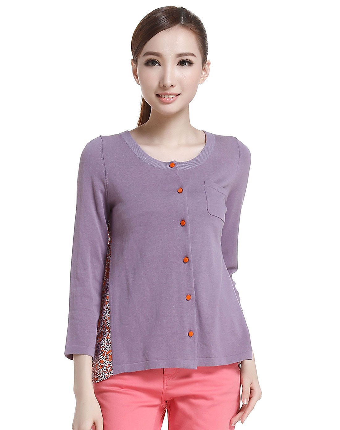 女款紫色优雅拼接开襟八分袖上衣
