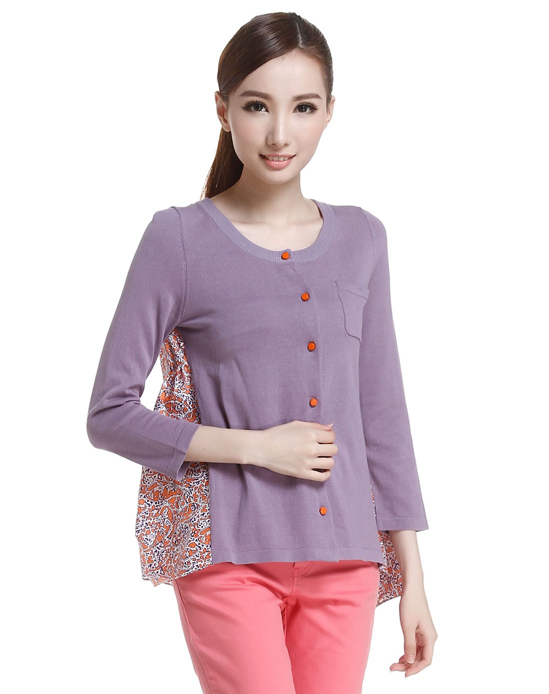 女款紫色优雅拼接开襟八分袖上衣