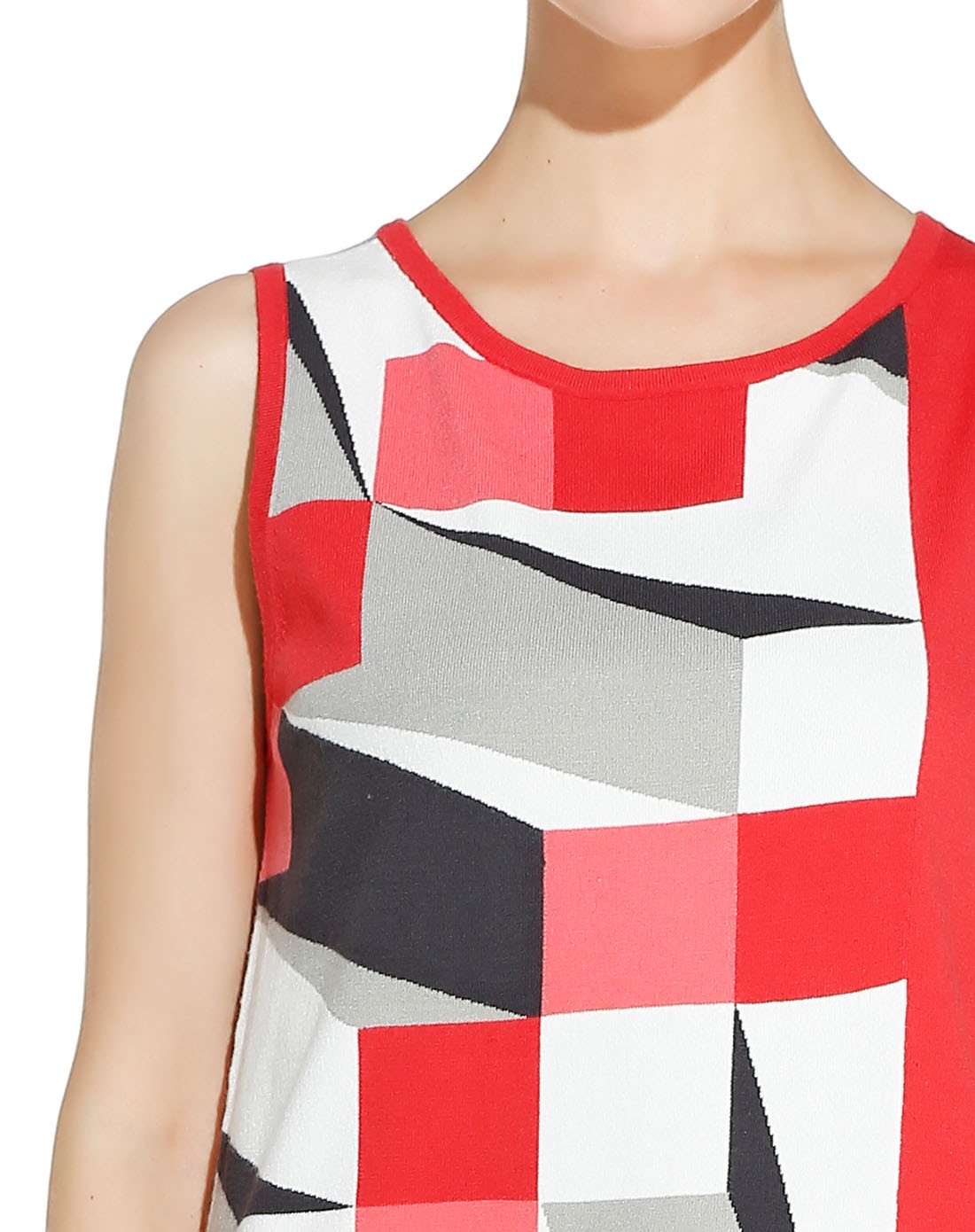 eq:iq 时尚红白色印花圆领无袖连衣裙