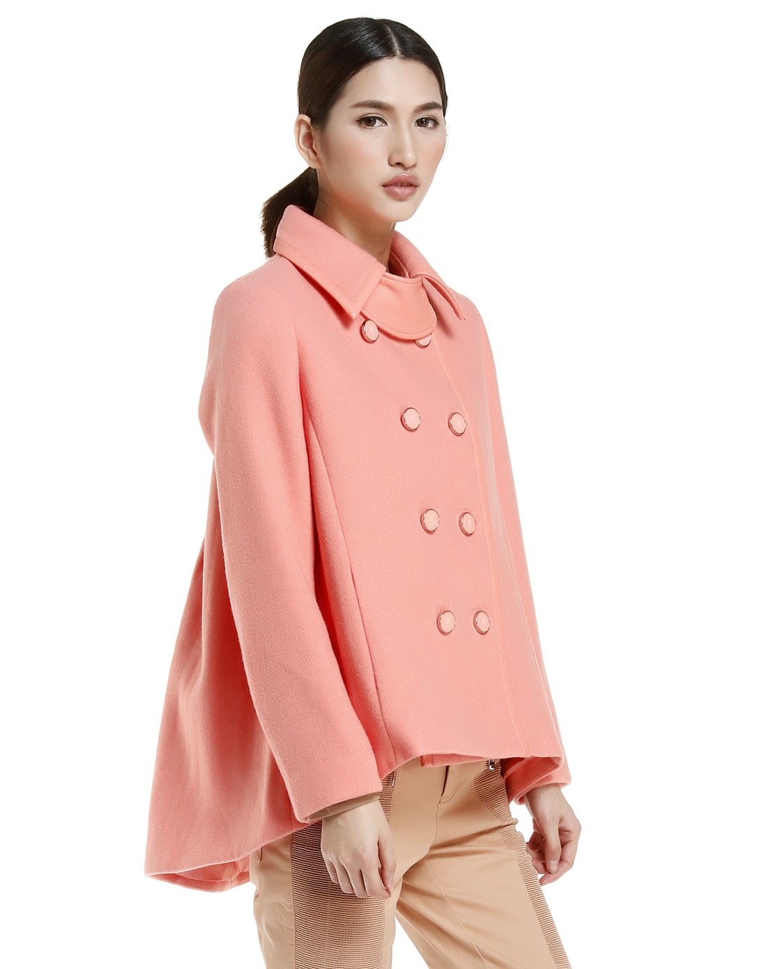 橙粉色时尚双排扣长袖外套