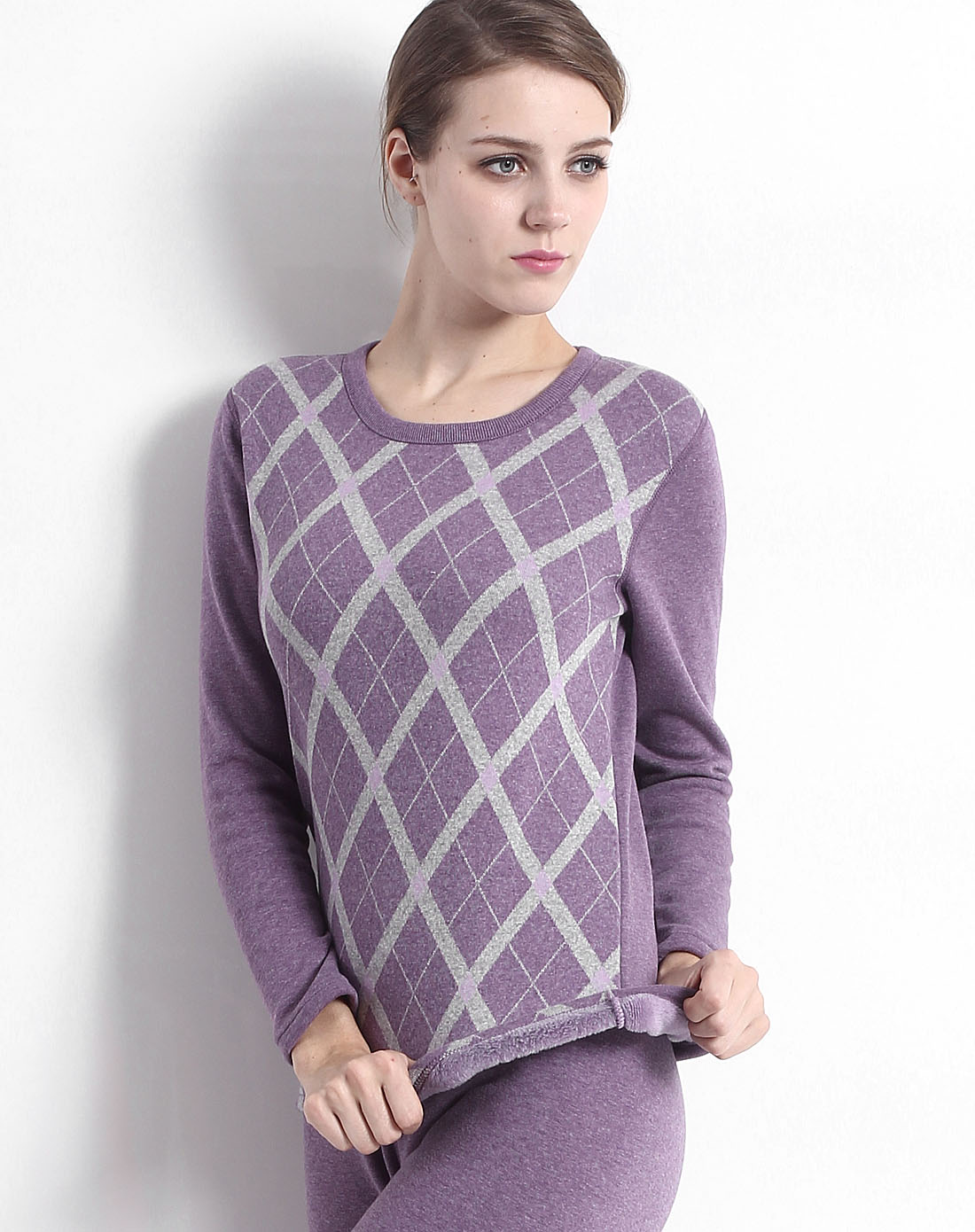 女款麻紫色羊毛暖尚绒内衣套装-舒格版